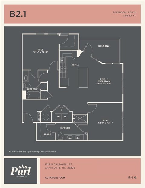 Floor plan for 2 beds, 2 baths, 1188 sqft